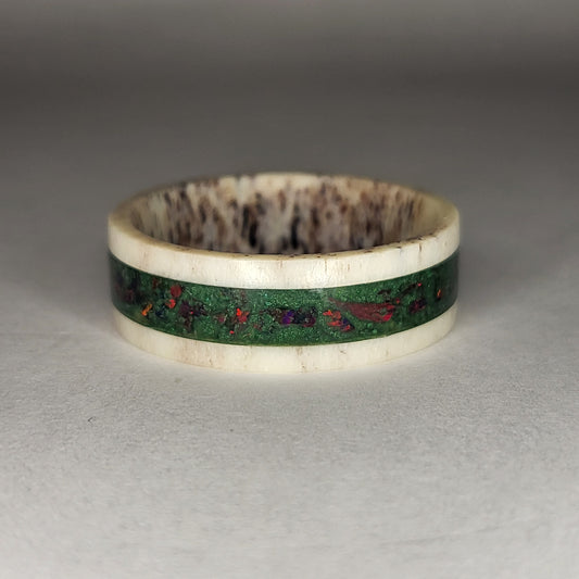 Deer Antler Band, Fire Opal with Malachite Background