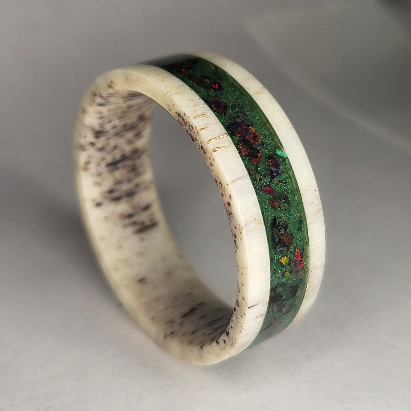 Deer Antler Band, Fire Opal with Malachite Background