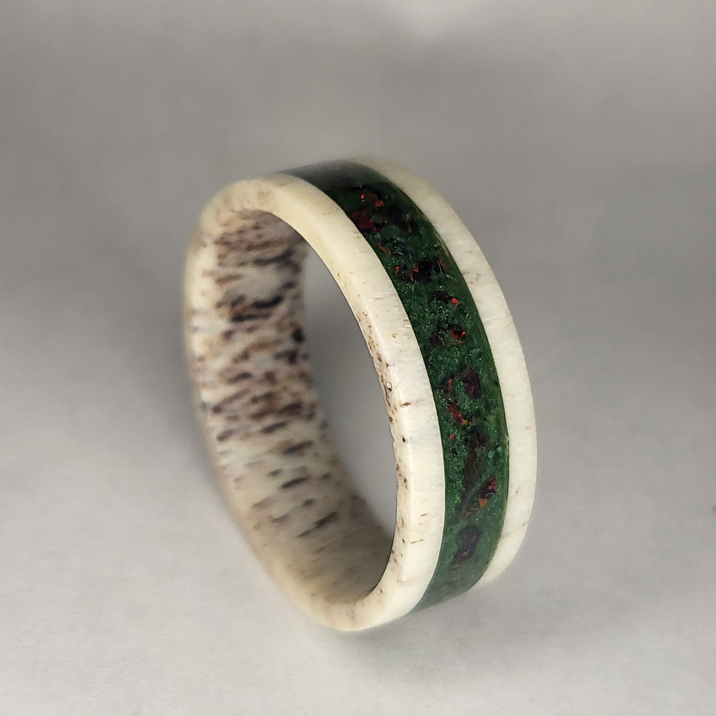 Deer Antler Band, Fire Opal with Malachite Background