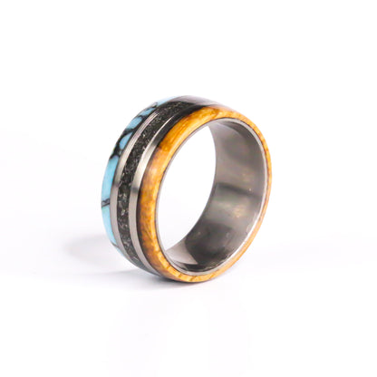 The Horizon Forge, Whiskey Barrel, Meteorite Dust, Turquoise Titanium Band