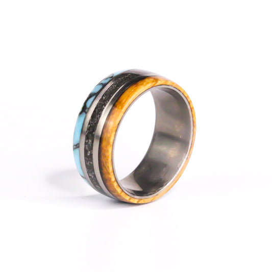 The Horizon Forge, Whiskey Barrel, Meteorite Dust, Turquoise Titanium Band