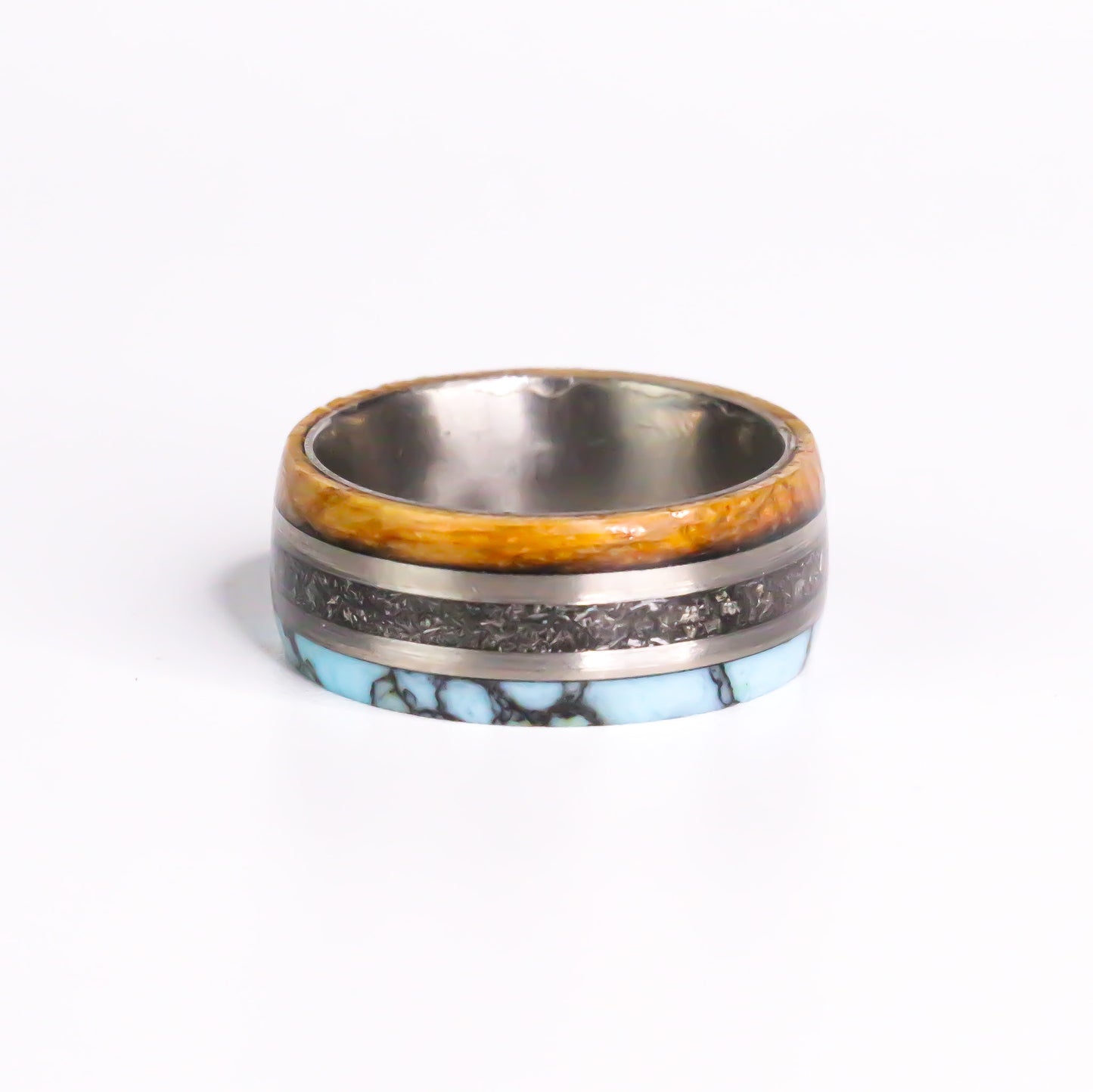 The Horizon Forge, Whiskey Barrel, Meteorite Dust, Turquoise Titanium Band