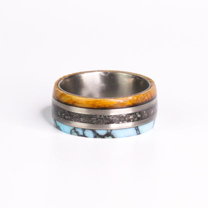 The Horizon Forge, Whiskey Barrel, Meteorite Dust, Turquoise Titanium Band