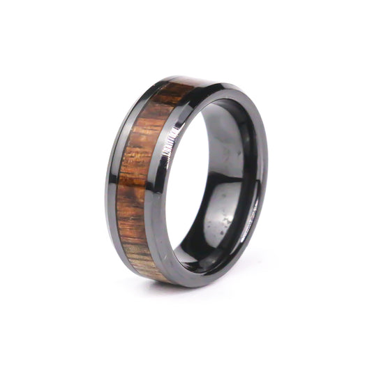 The Koa Obsidian Black Carbide Ring with Koa Wood