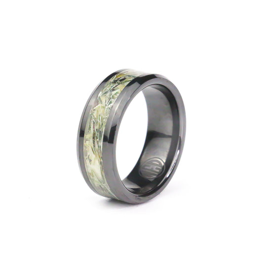 The Money Burner, Black Carbide ring with Shredded Cash