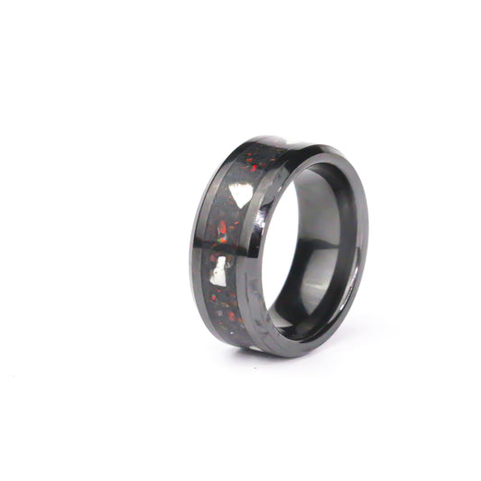 The Primeval Flame, Black Carbide Ring with Dino Bone and Fire Opal