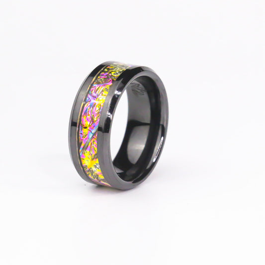 The Quantum Vein,  Black Carbide Ring with Titanium Burl Dichrolam