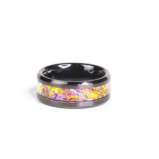 The Quantum Vein,  Black Carbide Ring with Titanium Burl Dichrolam