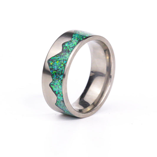 The Waking Mountain Titanium Ring, Green Fire Opals