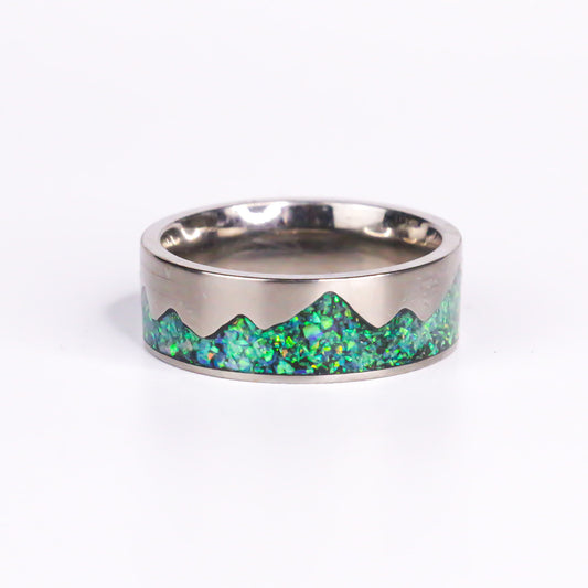 The Waking Mountain Titanium Ring, Green Fire Opals