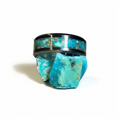 Black Ceramic Inlay ring with Turquoise and Bronze Shavings