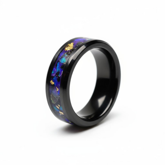 Black Ceramic Ring Opal, 24k Gold Leaf, Peridot UV Glow