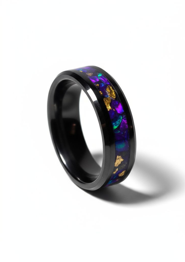 Black Ceramic Ring Opal, 24k Gold Leaf, Peridot UV Glow
