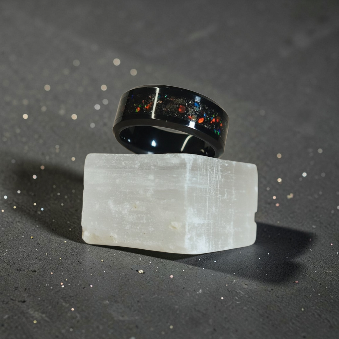 Black Ceramic Ring with Dragon Scale Opal, Tangerine Opal, and Meteorite Dust