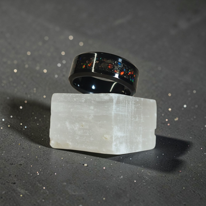 Black Ceramic Ring with Dragon Scale Opal, Tangerine Opal, and Meteorite Dust