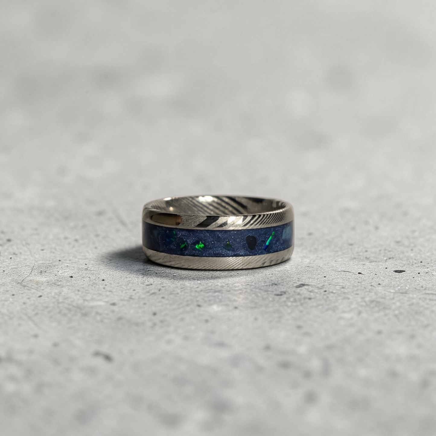 Damascus Steel Ring Apatite, Egyptian Blue Opal