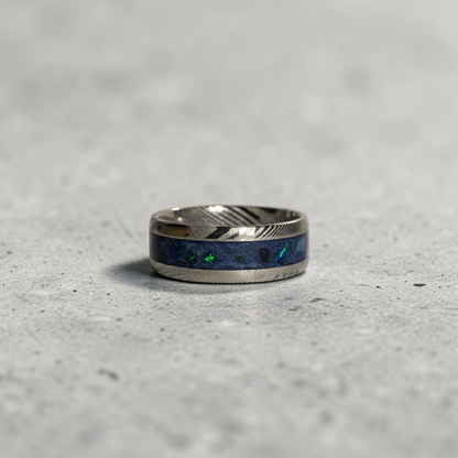 Damascus Steel Ring Apatite, Egyptian Blue Opal