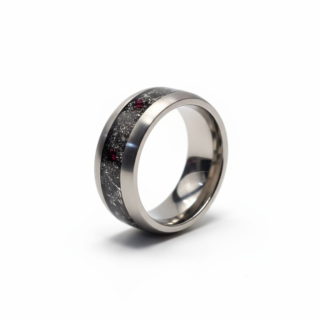 Firefall Ring - Titanium Ring Meteorite Dust and Fire Opal