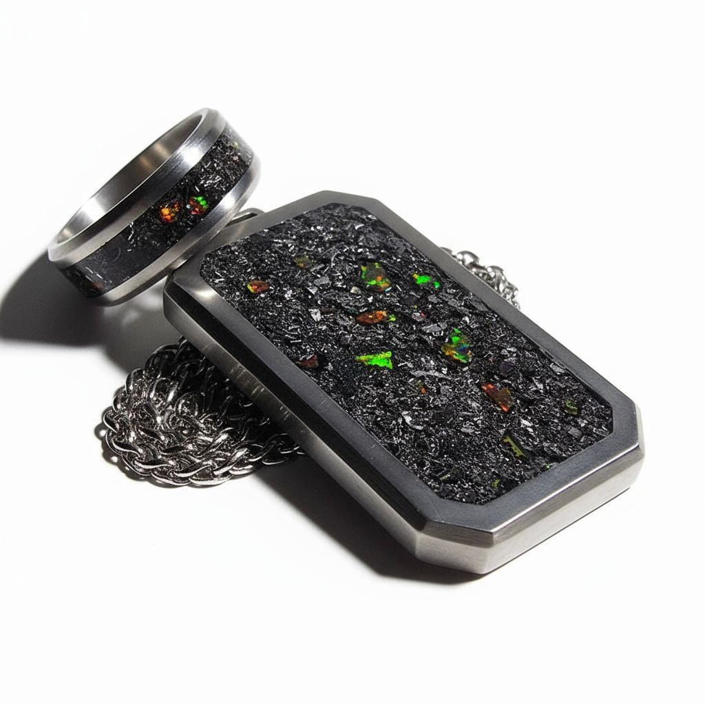 Meteorite, Black Fire Opal Titanium Dog Tag Pendant and Titanium Ring