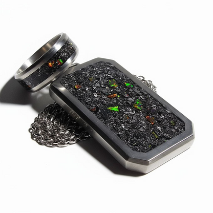Meteorite, Black Fire Opal Titanium Dog Tag Pendant and Titanium Ring