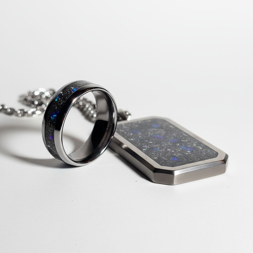 Meteorite, Blue Raspberry Opal Titanium Dog Tag Pendant and Titanium Ring