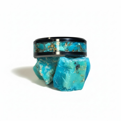 Black Ceramic Inlay ring with Turquoise and Bronze Shavings