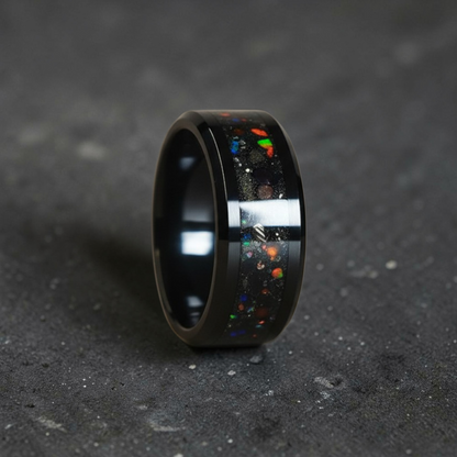 Black Ceramic Ring with Dragon Scale Opal, Tangerine Opal, and Meteorite Dust