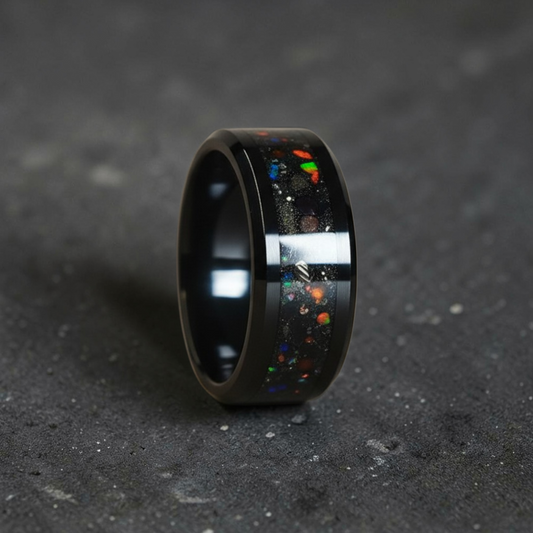 Black Ceramic Ring with Dragon Scale Opal, Tangerine Opal, and Meteorite Dust