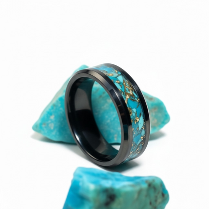 Black Ceramic Inlay ring with Turquoise and Bronze Shavings