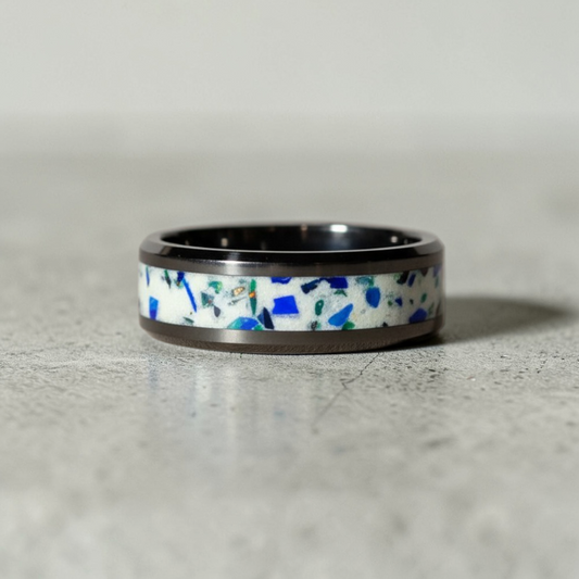 Black Ceramic Inlay Ring with Egyptian Blue Opal, Dragon Scale Opal, and Pearl White Color Pigment