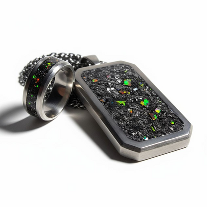 Meteorite, Black Fire Opal Titanium Dog Tag Pendant and Titanium Ring