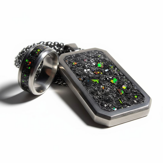 Meteorite, Black Fire Opal Titanium Dog Tag Pendant and Titanium Ring