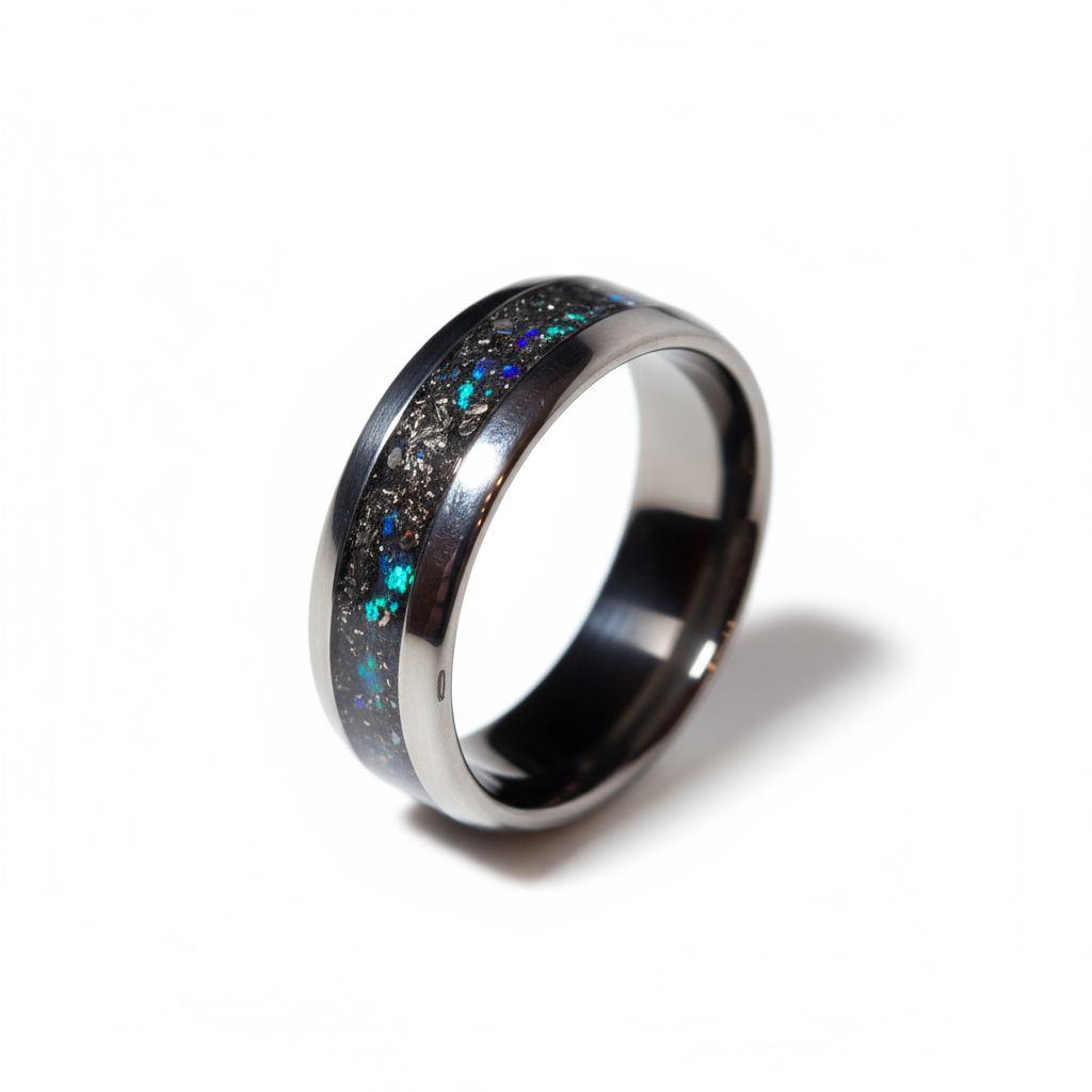 Meteorite, Blue Raspberry Opal Titanium Dog Tag Pendant and Titanium Ring