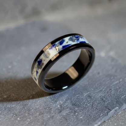 Black Ceramic Inlay Ring with Lapis Lazuli and Moonstone