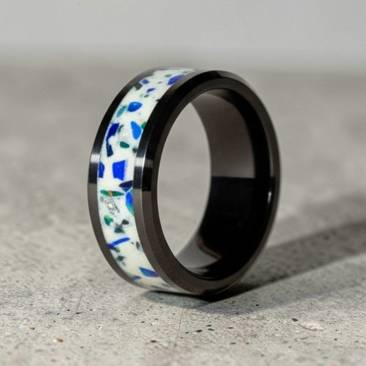 Black Ceramic Inlay Ring with Egyptian Blue Opal, Dragon Scale Opal, and Pearl White Color Pigment