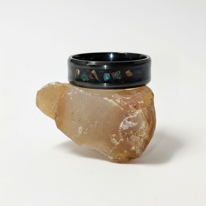Black Ceramic Inlay Ring with Inferno Opal, Peridot, and Meteorite Dust