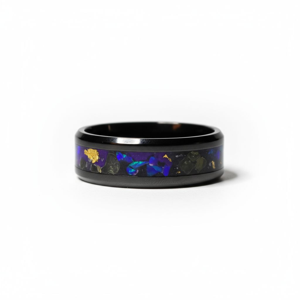 Black Ceramic Ring Opal, 24k Gold Leaf, Peridot UV Glow