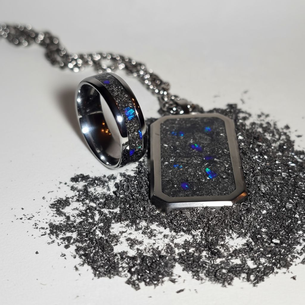 Meteorite, Blue Raspberry Opal Titanium Dog Tag Pendant and Titanium Ring