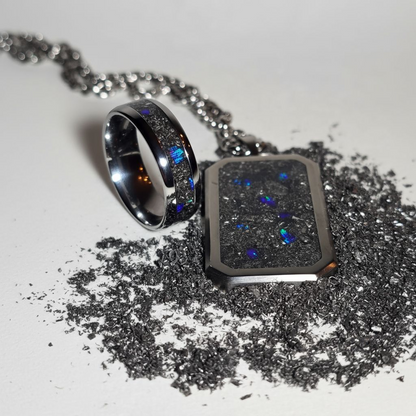 Meteorite, Blue Raspberry Opal Titanium Dog Tag Pendant and Titanium Ring