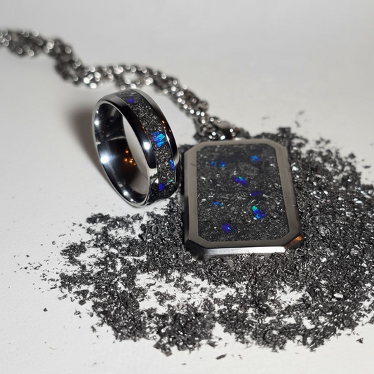 Meteorite, Blue Raspberry Opal Titanium Dog Tag Pendant and Titanium Ring
