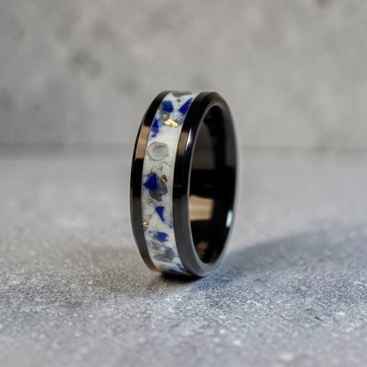 Black Ceramic Inlay Ring with Lapis Lazuli and Moonstone