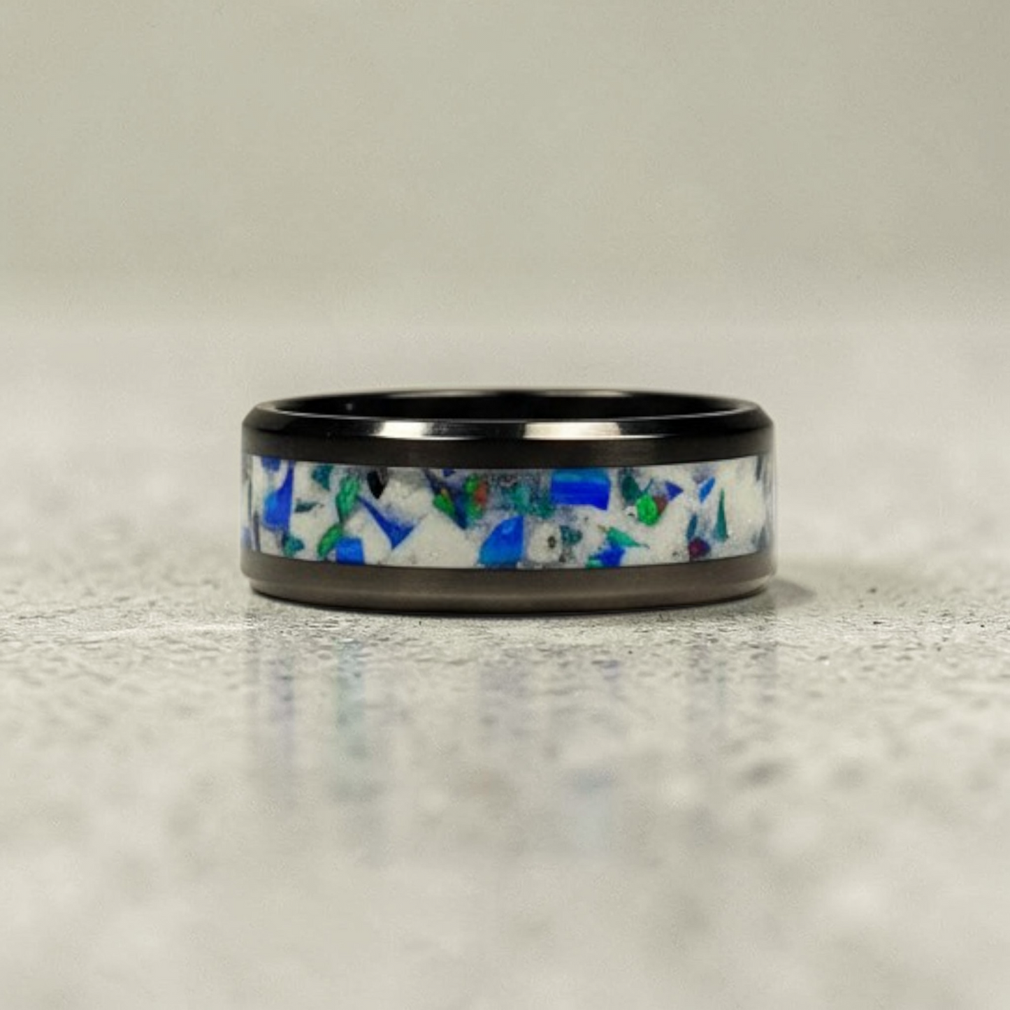 Black Ceramic Inlay Ring with Egyptian Blue Opal, Dragon Scale Opal, and Pearl White Color Pigment