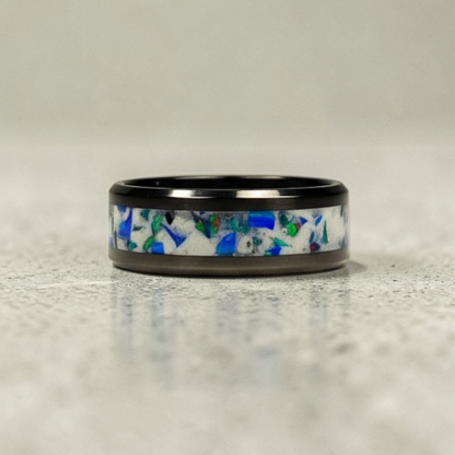 Black Ceramic Inlay Ring with Egyptian Blue Opal, Dragon Scale Opal, and Pearl White Color Pigment