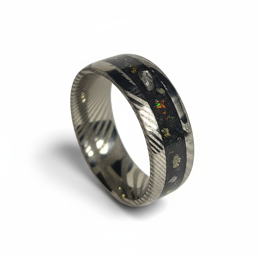 Damascus Steel Ring Dino Bone, Fire Opal, Pyrite