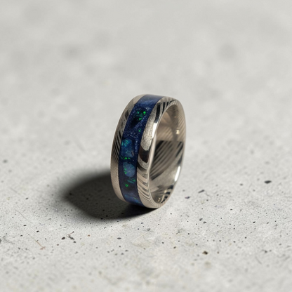 Damascus Steel Ring Apatite, Egyptian Blue Opal