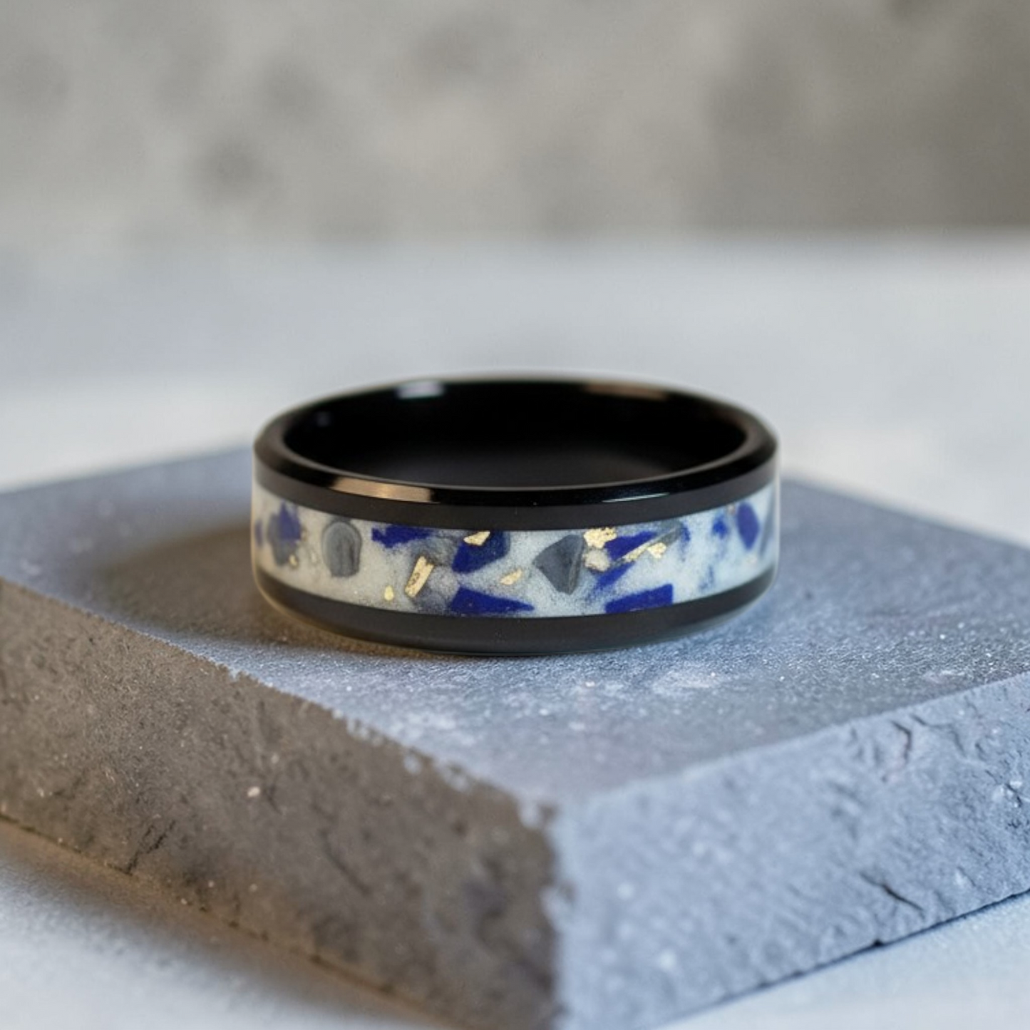 Black Ceramic Inlay Ring with Lapis Lazuli and Moonstone