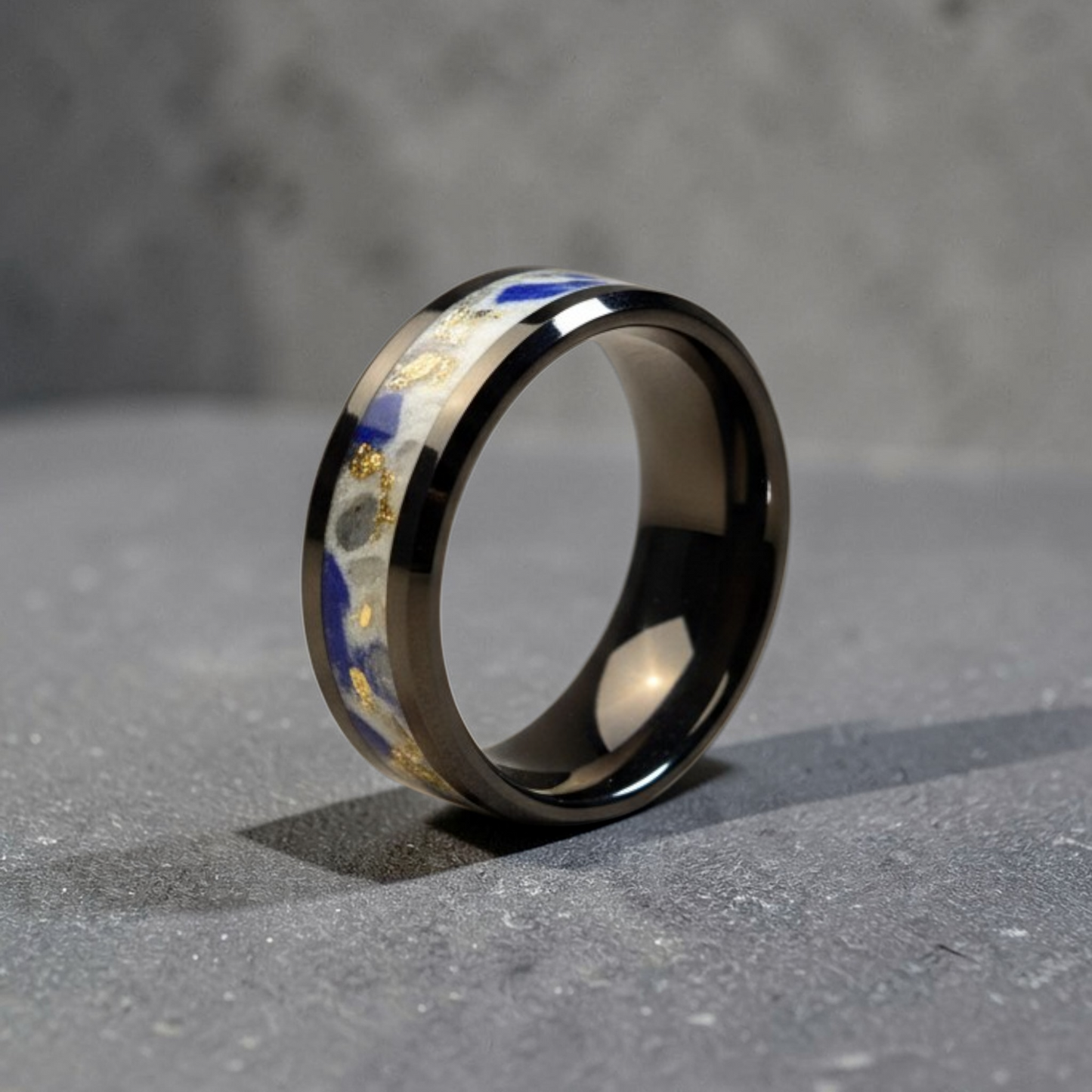 Black Ceramic Inlay Ring with Lapis Lazuli and Moonstone