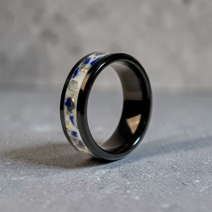 Black Ceramic Inlay Ring with Lapis Lazuli and Moonstone