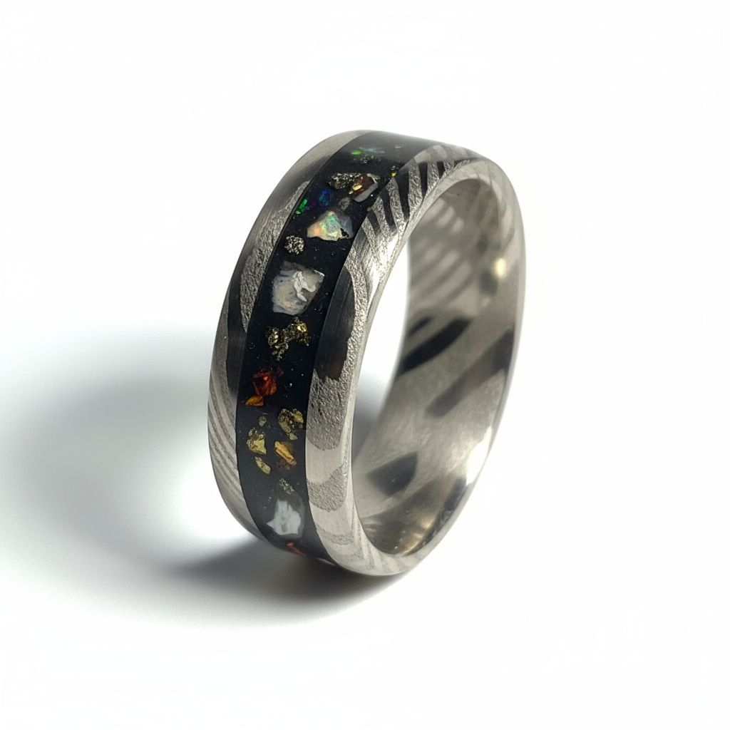 Damascus Steel Ring Dino Bone, Fire Opal, Pyrite