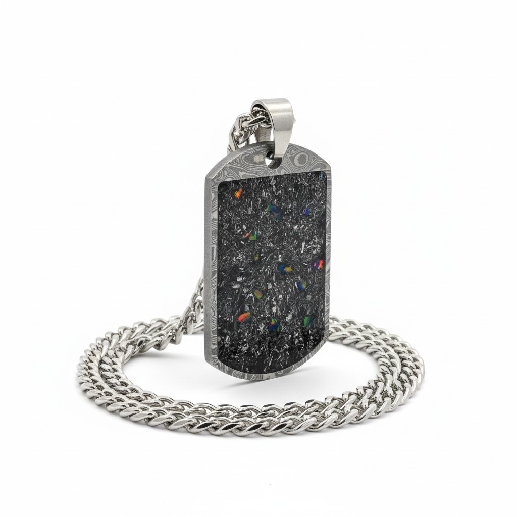 Damascus Steel Meteorite & Fire Opal Pendant